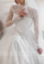 Beaded Long Sleeves Lace Illusion High Neck Court Train A-Line Wedding Dresses