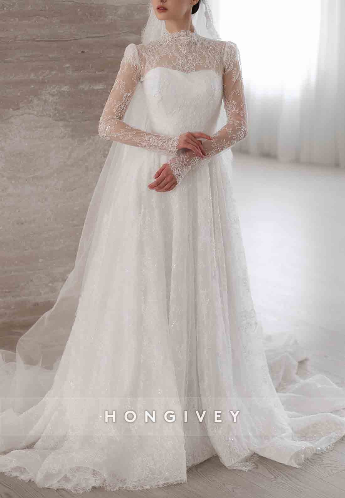 Beaded Long Sleeves Lace Illusion High Neck Court Train A-Line Wedding Dresses