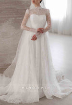 Beaded Long Sleeves Lace Illusion High Neck Court Train A-Line Wedding Dresses