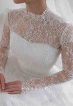 Beaded Long Sleeves Lace Illusion High Neck Court Train A-Line Wedding Dresses
