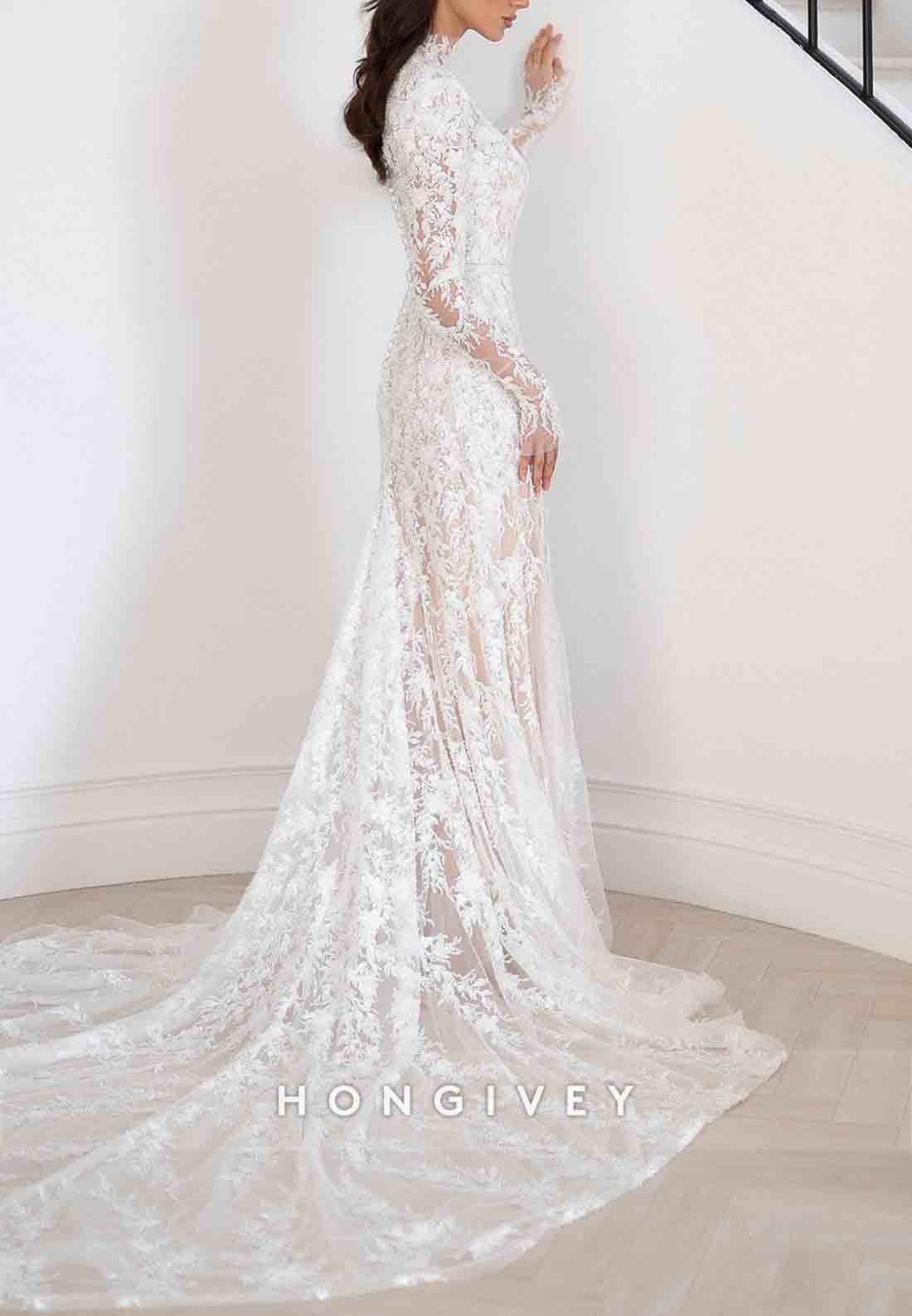 Column High Neck Lace Long Sleeves Court Train Wedding Dresses