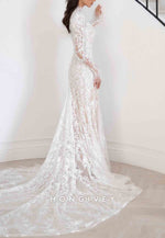 Column High Neck Lace Long Sleeves Court Train Wedding Dresses