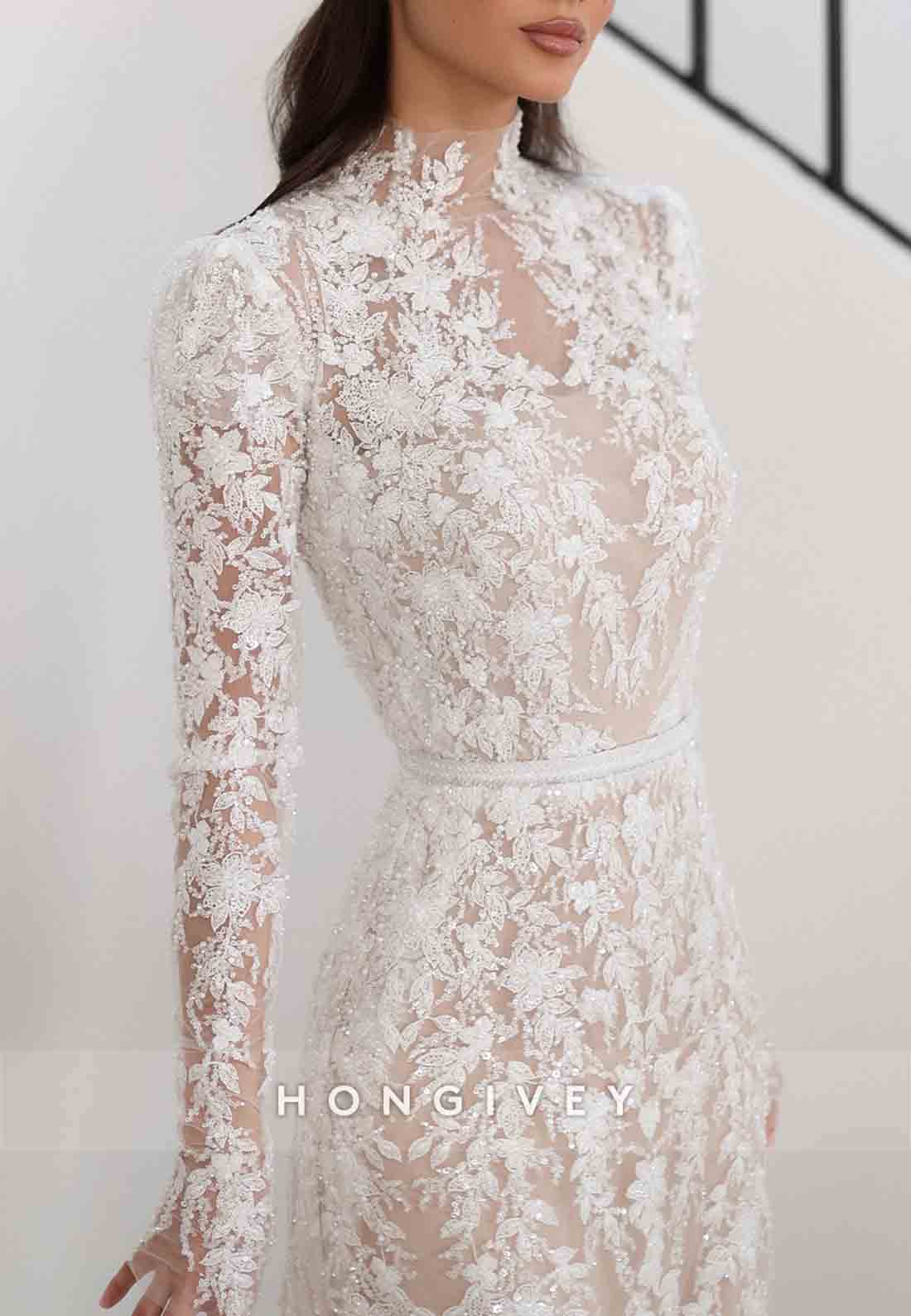 Column High Neck Lace Long Sleeves Court Train Wedding Dresses