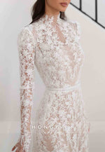 Column High Neck Lace Long Sleeves Court Train Wedding Dresses