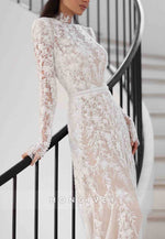 Column High Neck Lace Long Sleeves Court Train Wedding Dresses