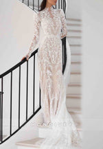 Column High Neck Lace Long Sleeves Court Train Wedding Dresses