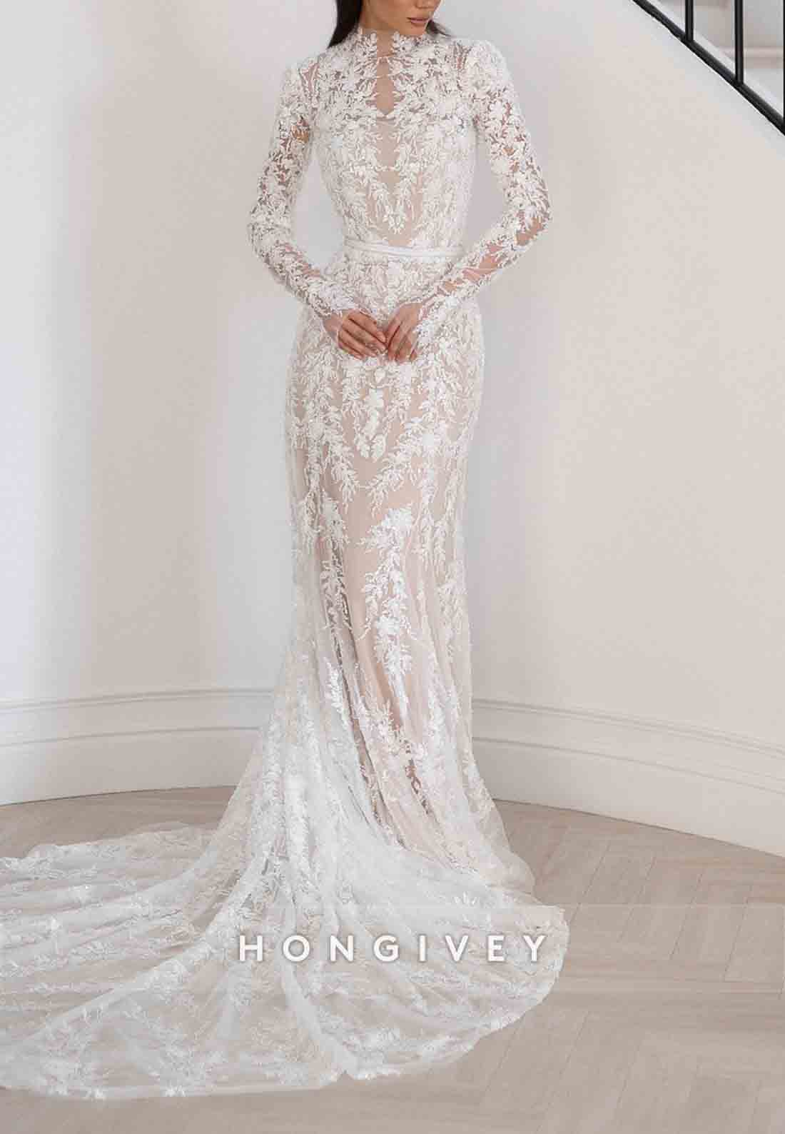 Column High Neck Lace Long Sleeves Court Train Wedding Dresses