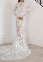 Column High Neck Lace Long Sleeves Court Train Wedding Dresses