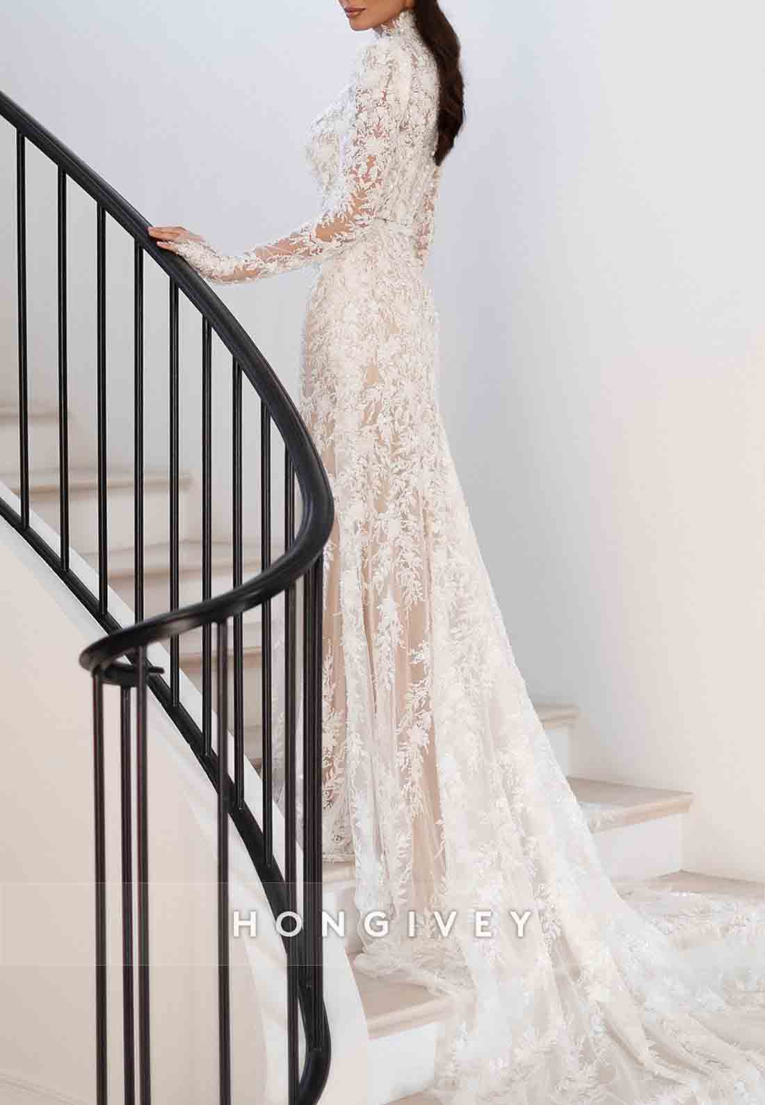 Column High Neck Lace Long Sleeves Court Train Wedding Dresses