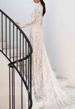 Column High Neck Lace Long Sleeves Court Train Wedding Dresses