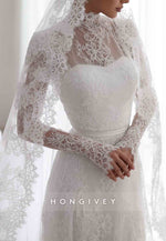 Long Sleeves Lace A-Line Illusion High Neck Court Train Wedding Dresses