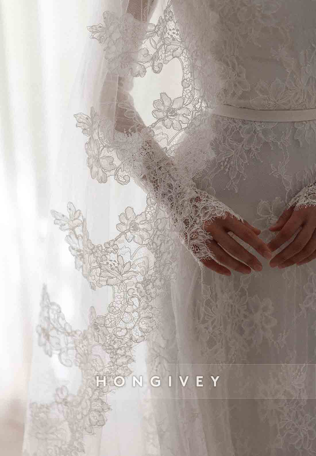 Long Sleeves Lace A-Line Illusion High Neck Court Train Wedding Dresses