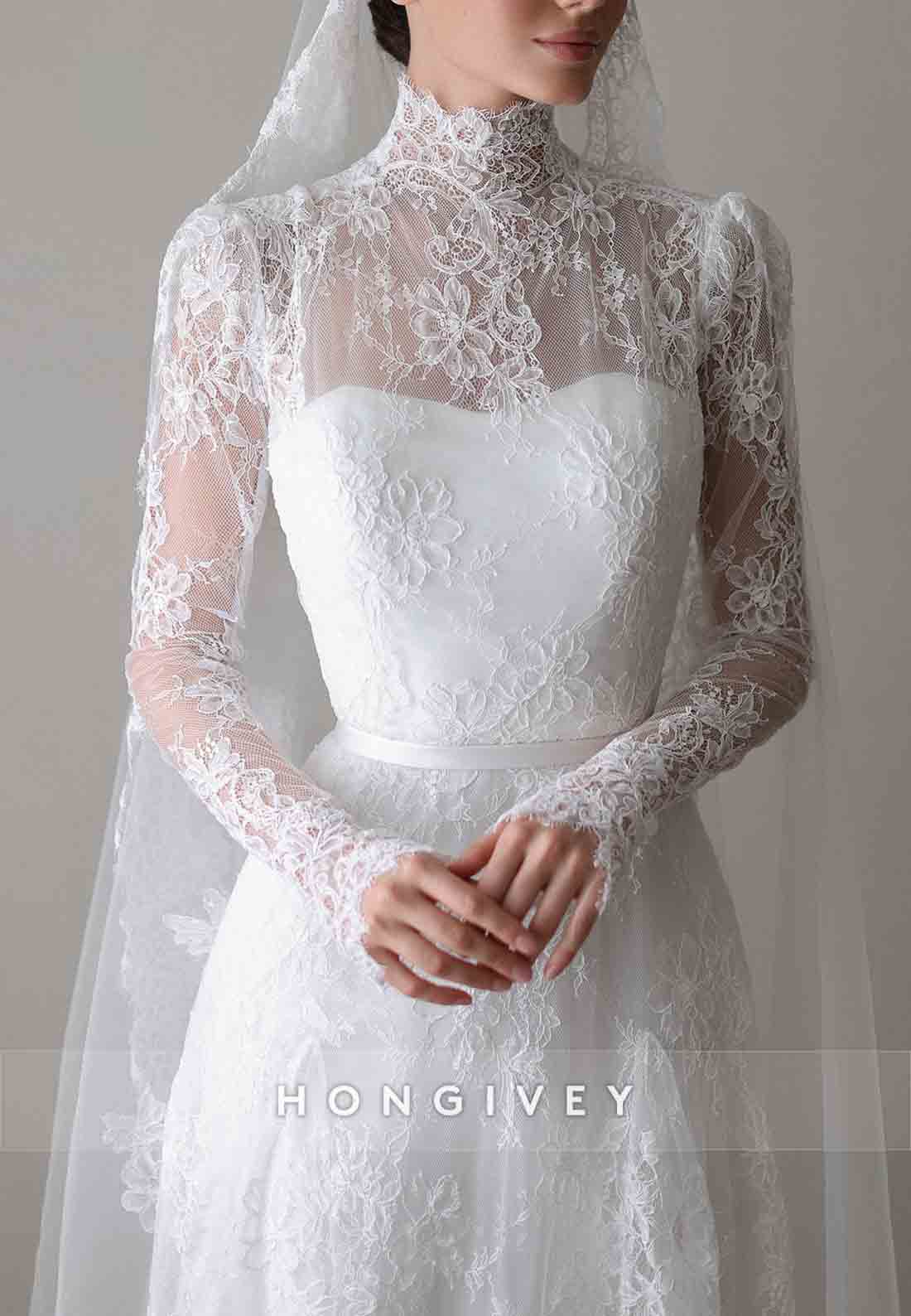 Long Sleeves Lace A-Line Illusion High Neck Court Train Wedding Dresses