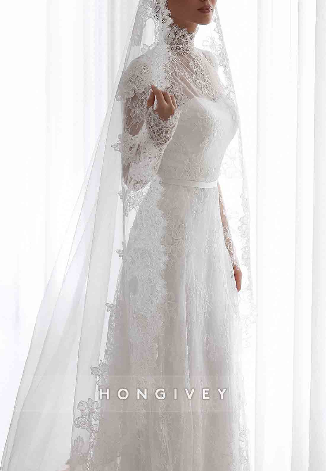 Long Sleeves Lace A-Line Illusion High Neck Court Train Wedding Dresses
