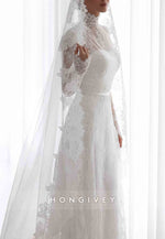 Long Sleeves Lace A-Line Illusion High Neck Court Train Wedding Dresses