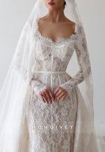 Off the Shoulder Long Sleeves Lace Detachable Court Train A-Line Wedding Dresses