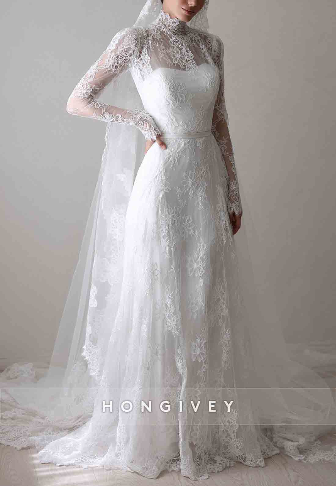 Long Sleeves Lace A-Line Illusion High Neck Court Train Wedding Dresses