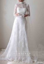 Long Sleeves Lace A-Line Illusion High Neck Court Train Wedding Dresses