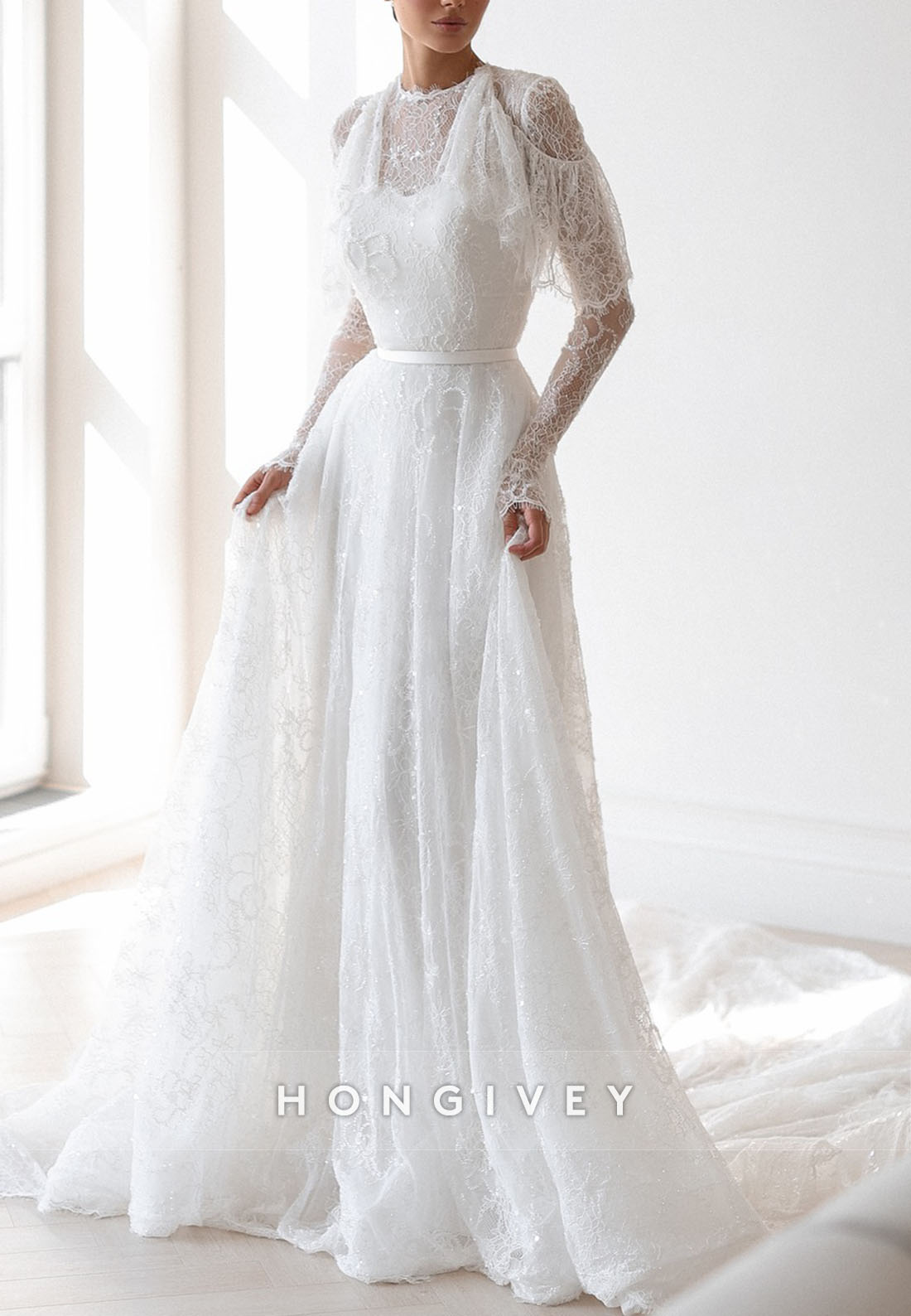 Elegant Shawl Long Sleeves Lace Court Train A-Line Wedding Dresses