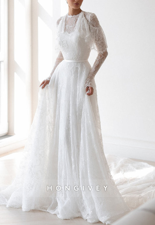 Elegant Shawl Long Sleeves Lace Court Train A-Line Wedding Dresses