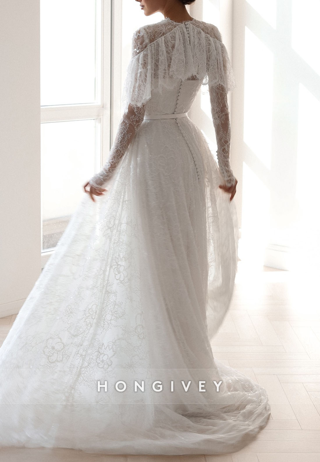 Elegant Shawl Long Sleeves Lace Court Train A-Line Wedding Dresses
