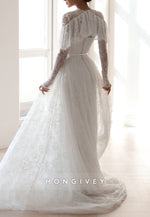 Elegant Shawl Long Sleeves Lace Court Train A-Line Wedding Dresses
