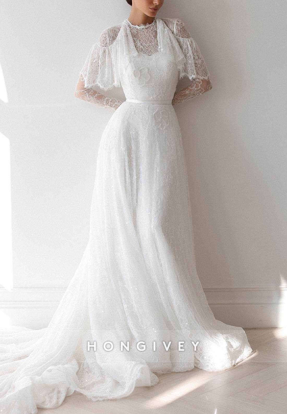 Elegant Shawl Long Sleeves Lace Court Train A-Line Wedding Dresses