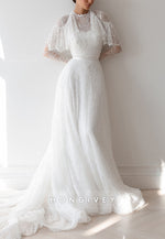Elegant Shawl Long Sleeves Lace Court Train A-Line Wedding Dresses