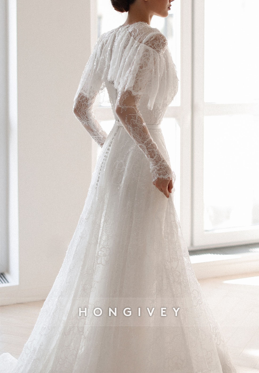 Elegant Shawl Long Sleeves Lace Court Train A-Line Wedding Dresses