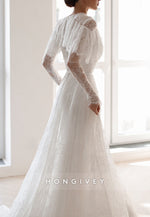 Elegant Shawl Long Sleeves Lace Court Train A-Line Wedding Dresses