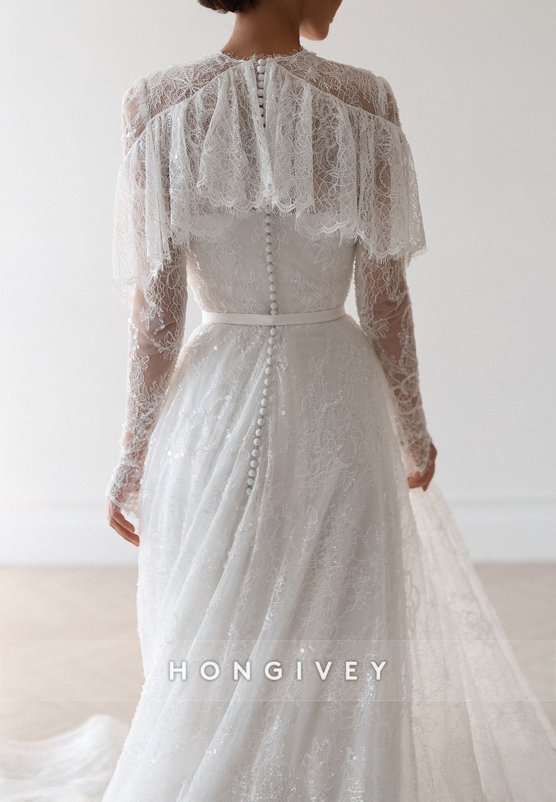 Elegant Shawl Long Sleeves Lace Court Train A-Line Wedding Dresses