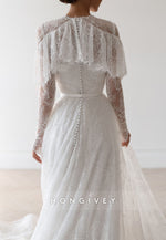 Elegant Shawl Long Sleeves Lace Court Train A-Line Wedding Dresses