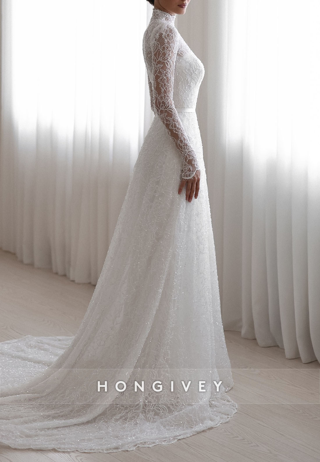 High Neck A-Line Illusion Neck Court Train Long Sleeves Wedding Dresses with Beading
