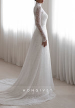 High Neck A-Line Illusion Neck Court Train Long Sleeves Wedding Dresses with Beading