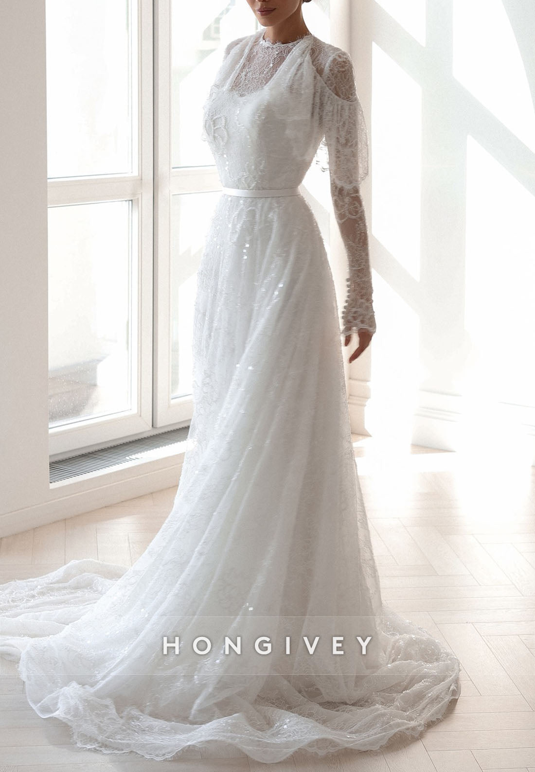 Elegant Shawl Long Sleeves Lace Court Train A-Line Wedding Dresses