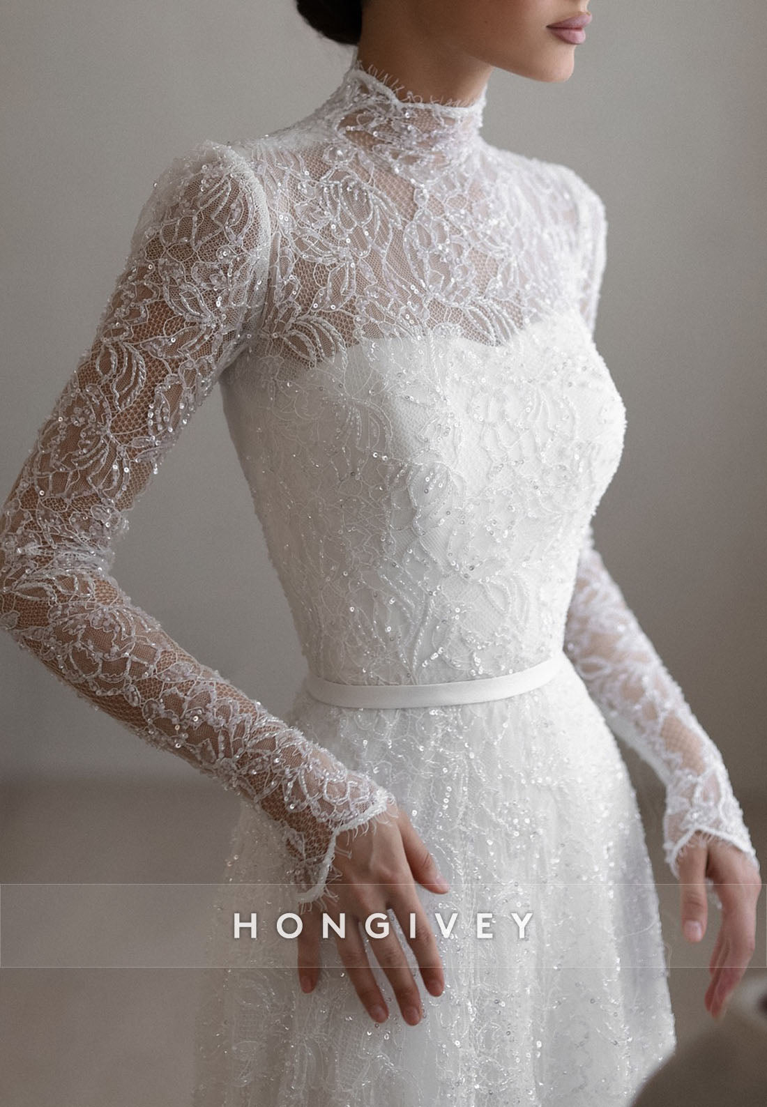 High Neck A-Line Illusion Neck Court Train Long Sleeves Wedding Dresses with Beading