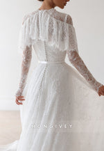 Elegant Shawl Long Sleeves Lace Court Train A-Line Wedding Dresses