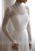 High Neck A-Line Illusion Neck Court Train Long Sleeves Wedding Dresses with Beading