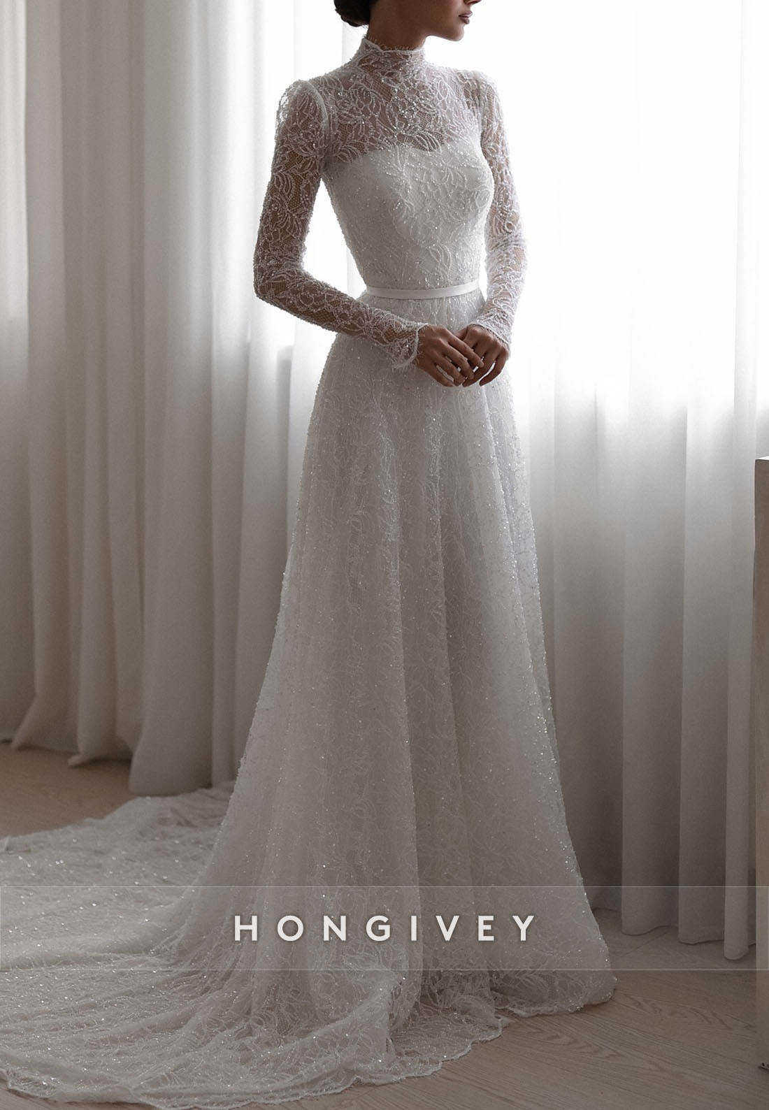 High Neck A-Line Illusion Neck Court Train Long Sleeves Wedding Dresses with Beading