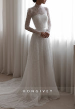 High Neck A-Line Illusion Neck Court Train Long Sleeves Wedding Dresses with Beading