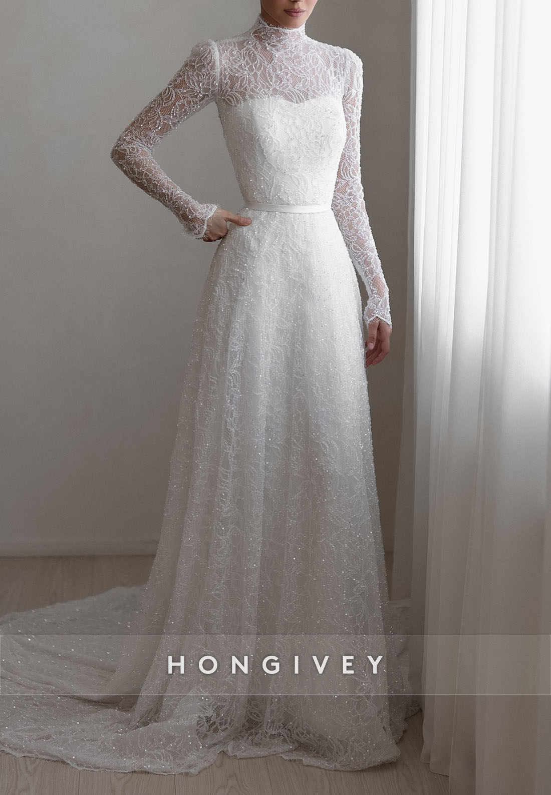 High Neck A-Line Illusion Neck Court Train Long Sleeves Wedding Dresses with Beading