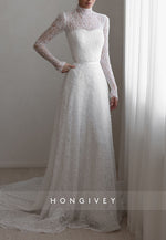 High Neck A-Line Illusion Neck Court Train Long Sleeves Wedding Dresses with Beading