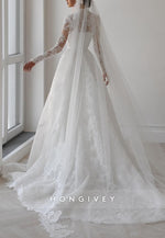 Elegant Long Sleeves Lace Bridal Gown A-Line Court Train Wedding Dresses