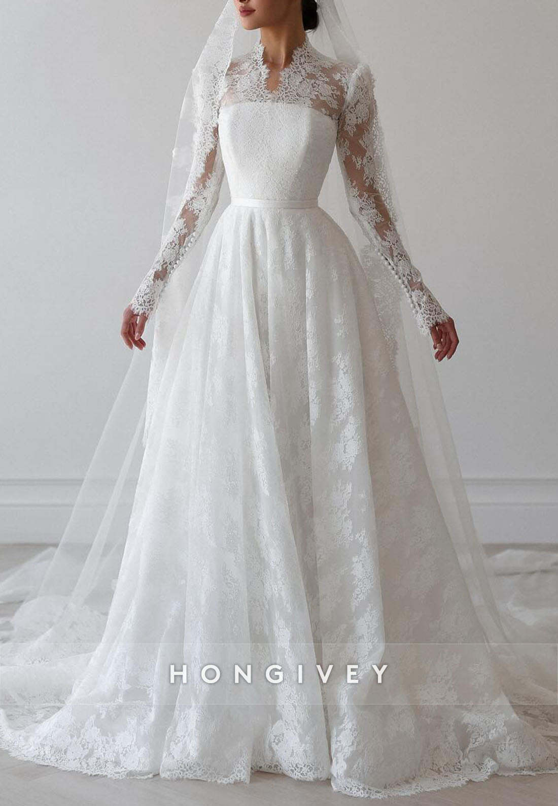 Elegant Long Sleeves Lace Bridal Gown A-Line Court Train Wedding Dresses