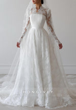 Elegant Long Sleeves Lace Bridal Gown A-Line Court Train Wedding Dresses