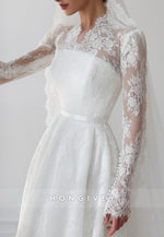 Elegant Long Sleeves Lace Bridal Gown A-Line Court Train Wedding Dresses