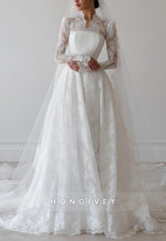Elegant Long Sleeves Lace Bridal Gown A-Line Court Train Wedding Dresses