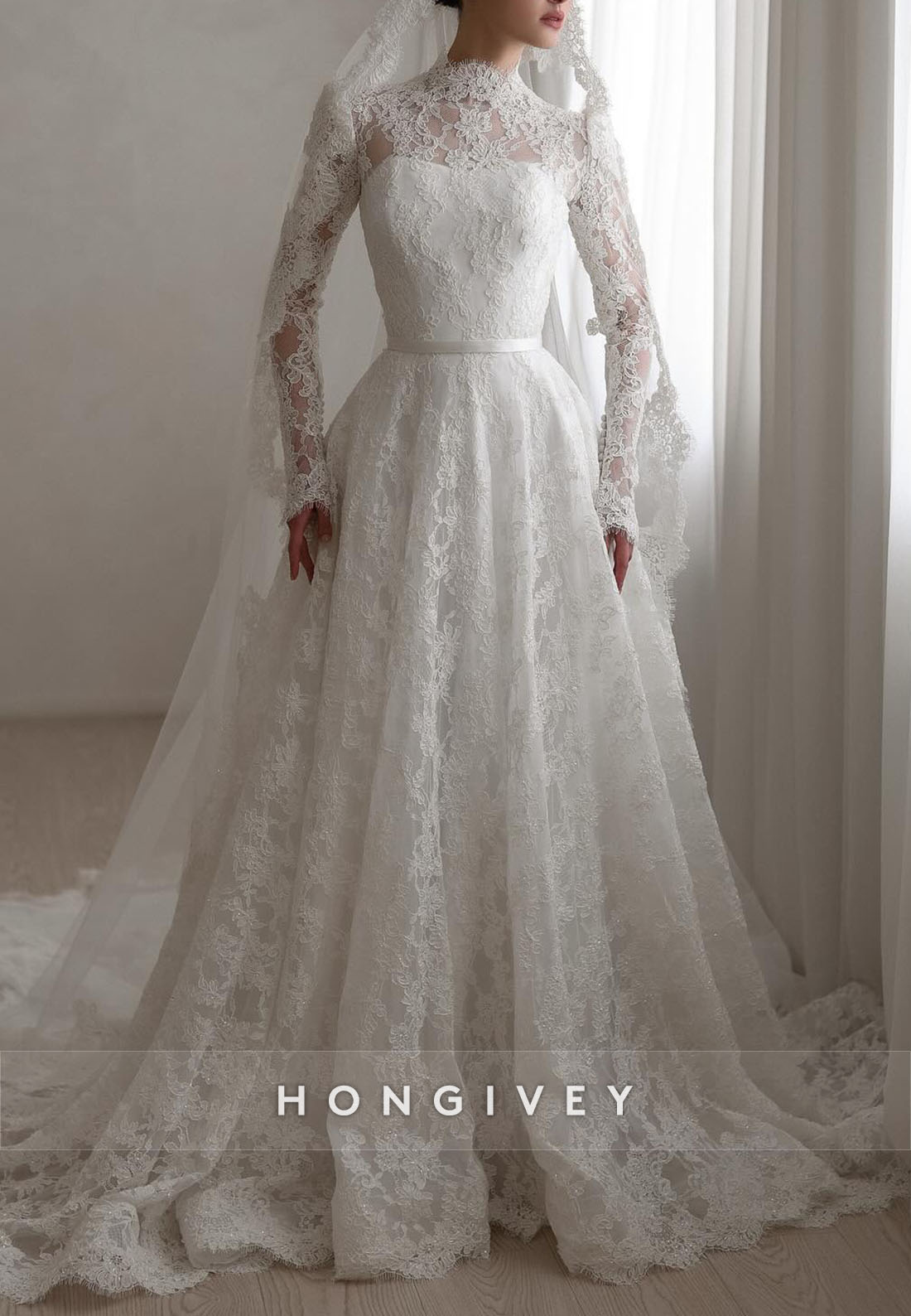 High Neck Lace A-Line Illusion Neck Court Train Long Sleeves Wedding Dresses
