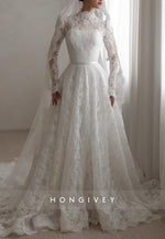 High Neck Lace A-Line Illusion Neck Court Train Long Sleeves Wedding Dresses