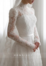 High Neck Lace A-Line Illusion Neck Court Train Long Sleeves Wedding Dresses